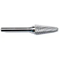 This double-cut pointed-end cone bur features a 1/2" x 7/8" head and 1/4" shank, trade number SM-5. The double-cut flute geometry enables efficient material removal, deburring, and shaping in metalworking, die making, and fabrication. Its pointed cone design allows access to tight angles and contours for finishing and contouring applications