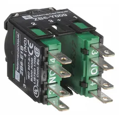 Momentary contact block with 2 normally open (2NO) contacts for industrial control circuits. Part of the ZB6 series, featuring a Faster Connector terminal type for quick wiring. Suitable for use with compatible pushbuttons and pilot lights in control panels.