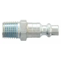 Steel quick-connect air coupling plug for industrial interchange systems. Features 3/8"-18 male NPTF threads and 3/8" hose fitting size. Used to connect pneumatic tools and hoses in manufacturing, assembly, and maintenance applications