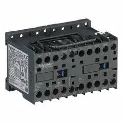 The SCHNEIDER LP2K0601BD is a 3-pole reversing IEC contactor with 3 normally open contacts rated at 6 A and a 24 V DC coil. It is used for controlling forward and reverse rotation of three-phase motors in applications such as conveyors, pumps, and hoists. This miniature contactor does not include integrated surge suppression.