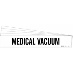White adhesive pipe marker with black legend text reading 'Medical Vacuum'. Designed for pipes with outer diameter of 8 inches and larger. Each pack contains 5 markers, each without directional arrows. Used to identify medical vacuum piping systems in healthcare and laboratory environments.