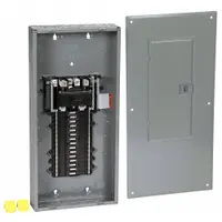 Indoor main breaker load center rated 200A at 120/240V AC, 1-phase, with 30 spaces and 22kA short circuit current rating. Includes combination flush/surface cover and supports up to 10 tandem breakers. Plug-on neutral design for simplified wiring