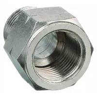 Nickel-plated low-pressure pipe fitting adapter with male NPT thread on one end and female BSPP thread on the other. Rated for maximum operating pressure of 250 psi. Used to connect NPT and BSPP threaded ports in pneumatic or fluid systems