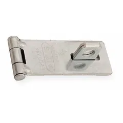 Steel double-hinged hasp for securing doors, cabinets, and enclosures. Measures 1 1/8 in height, 2 15/16 in length, and 1 1/8 in width. Designed for use with padlocks in industrial locking applications.