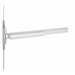 This concealed vertical rod exit device features a touchbar style and lever outside trim in a chrome finish. It is designed for doors up to 3 ft wide and meets ADA compliance for accessible egress. Suitable for commercial panic exit applications where a clean, concealed rod appearance is desired.