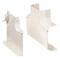 Plastic tee fitting for nonmetallic single-channel raceways, used to create T-shaped junctions. Snap-on mounting for T70 raceways. Off white color.