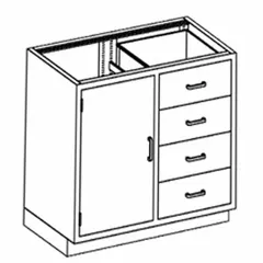 This wall-mounted base cabinet is constructed of stainless steel for corrosion resistance. It features four drawers and is suitable for storage in laboratories, clean rooms, and commercial kitchens.