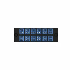 Single-mode OS2 fiber optic adapter plate with 12 LC duplex ports and UPC contact finish. Blue in color, designed for use in Opticom enclosures. Used for terminating and organizing fiber optic cables in patching and distribution frames.
