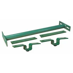 This steel support stand provides multi-tier permanent mounting for conveyor systems with a 36-inch between frame width and 36-inch overall width. Finished in green, it is used in material handling applications to maintain alignment and distribute loads in warehouses, distribution centers, and manufacturing facilities.