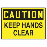 Set of five adhesive-mounted vinyl caution signs reading 'Keep Hands Clear'. Each sign measures 3 1/2 in x 5 in with a thickness of 0.004 in. The signs are not retroreflective and do not glow in the dark. Suitable for posting warnings on machinery, equipment, or near pinch points in industrial environments