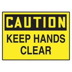 Set of five adhesive-mounted vinyl caution signs reading 'Keep Hands Clear'. Each sign measures 3 1/2 in x 5 in with a thickness of 0.004 in. The signs are not retroreflective and do not glow in the dark. Suitable for posting warnings on machinery, equipment, or near pinch points in industrial environments.