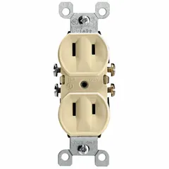 This duplex general-purpose receptacle is rated 125V AC, 15 A, 2-pole/2-wire with a NEMA 1-15 configuration. The ivory finish suits standard interior wall outlets in residential, commercial, and light industrial settings for powering lamps, appliances, and electronics.