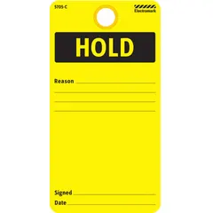 Yellow rectangle cardstock safety tag for indoor use. Measures 3 inches wide by 5 3/4 inches high. Printed in English. Pack of 25. Suitable for general safety identification and lockout/tagout procedures.