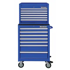 Light-duty top chest and rolling cabinet combo with 13 drawers. Features ball-bearing drawer slides for smooth operation and a keyed locking system for security. Finished in blue powder coating. Rolling cabinet dimensions: 26-3/4 in W x 18 in D x 39-1/2 in H. Suitable for organizing tools in workshops, garages, and light industrial settings.