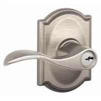 Office lever lockset with satin nickel-plated, clear-coated brass finish. Accent lever design with F81 function for key locking from outside and push-button locking from inside. Suitable for interior commercial doors requiring privacy or passage control