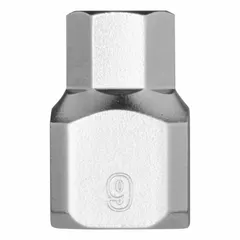 This hex bit socket features a 9 mm hex tip and a fixed insert design. With a 1/4 in drive size and 51/64 in overall length, it is used for driving hex-head fasteners in assembly, maintenance, and repair tasks.