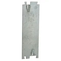 Steel cable protection plate with silver finish. Designed for use with electrical boxes to shield cables from nails or screws during wall finishing. Overall width 1.5 in, depth 0.06 in.