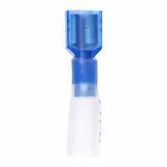 This fully insulated quick disconnect female socket features a blue nylon housing with full heat shrink coverage for environmental sealing and strain relief. Rated for 600 V maximum, it is suitable for making secure electrical connections in control panels, automotive wiring, and appliance repair applications.
