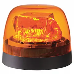 Amber LED rotating beacon with oval shape, operating on 12/24V DC. Features 14 selectable flash patterns and SAE Class 1 lighting rating. Includes installation kit, wire leads, and pipe mount. Overall height 5 13/16 in. Suitable for warning and safety lighting on vehicles in work zones and traffic management.