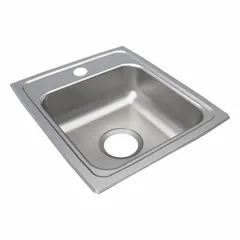 This one-bowl counter-mounted sink is designed for drop-in installation in kitchen and bar countertops. It features a 6 1/2 in bowl depth and a Silver/Gray finish, suitable for washing dishes, food preparation, and general cleaning tasks.
