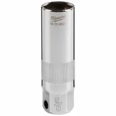 This 5/8 in SAE spark plug socket features a deep 6-point design and chrome finish. It is used for removing and installing spark plugs in internal combustion engines. The socket has a 3/8 in drive size and is suitable for manual or power tool operation.