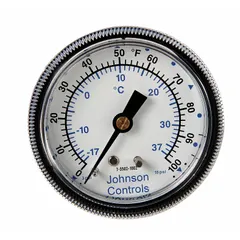Pneumatic temperature indicator with a 3 1/2 in overall diameter, range of 0°F to 100°F, and 3 psi to 15 psi output. Accuracy is ±1/2% of full range. Used in HVAC and process control systems for remote temperature indication via pneumatic signal.