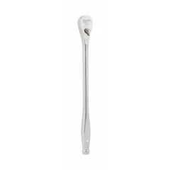 This standard-head ratchet features a pear head design with a chrome finish and reversible operation. With a 12-inch overall length and 4° minimum arc swing, it is suited for tightening and loosening fasteners in confined spaces and tight bolt circles. The tool is non-magnetic and does not include a quick-release mechanism.