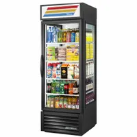 This black swing glass-door refrigerated merchandiser measures 78 5/8 in x 27 1/2 in x 29 7/8 in and uses R-290 refrigerant. It is designed for commercial display and storage of chilled beverages or perishable goods in retail and foodservice environments