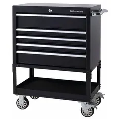 This light-duty tool utility cart features multiple drawers for organizing and transporting tools in workshops, garages, and industrial facilities. It has no lid for easy access to frequently used equipment and includes a padlock to secure contents. Dimensions: 30 13/16 in wide, 18 1/8 in deep, 35 15/16 in high.