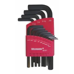 L-shaped hex key set with 13 pieces in SAE sizes. Each key features a standard end and a short end for access in confined spaces. Black oxide finish provides corrosion resistance. Includes a plastic organizer for storage.
