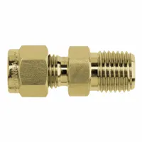 This brass compression fitting adapter connects 1/2 in OD tubing to 1/2 in male NPT pipe threads. It features a double-ferrule design for leak-free connections in instrumentation, hydraulic, and pneumatic systems. Clean and bagged for immediate use. Compatible with Gyrolok fitting brands