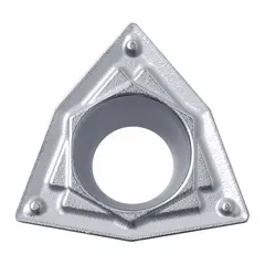 Trigon (W) indexable turning insert for CNC lathes. Used for turning, facing, and profiling operations on steel, stainless steel, and cast iron. The trigon shape provides strong cutting edges and cost-effective indexing.