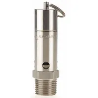 Hard seat pneumatic safety valve with 1/2 in (M)NPT inlet and preset relief at 125 psi. Stainless steel body, seat, and internal components. Used to protect compressed air systems from overpressure in industrial air receivers, piping networks, and pneumatic equipment