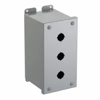 Carbon steel enclosure with three holes for 22mm push button operators. Rated NEMA 12/13 for indoor protection against dust and water droplets. Suitable for use in control panels and machinery stations