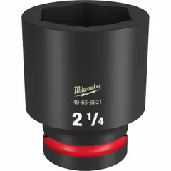 This 1" drive impact socket features a 2-1/4" SAE 6-point deep design with friction retention. Suitable for heavy-duty fastening and loosening with impact tools in industrial and construction settings.