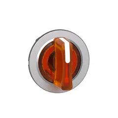 This illuminated selector-switch operator from the Series XB4 features a metallic bezel and three-position action (momentary/maintained/maintained). It is designed for 30 mm panel-mount applications in industrial control panels, machine control, and process automation. No cam is included.