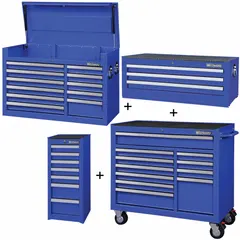 This heavy-duty combo unit includes a top chest, intermediate chest, side cabinet, and rolling cabinet, providing 32 drawers for organized tool and equipment storage. It features a keyed locking system for security and ball bearing drawer slides for smooth operation. The overall dimensions are 57 1/2 in W x 19 in D x 82 3/4 in H, with the rolling cabinet measuring 42 in W x 19 in D x 39-7/8 in H. Suitable for workshops, garages, and industrial facilities.