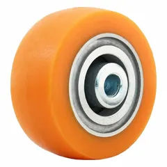 This wheel features a polyurethane tread on a steel core with an Ergo-Tech™ tread shape, offering smooth rolling and floor protection. With a 3 in diameter, 1 1/4 in width, and 400 lb load rating, it is suitable for light-duty material handling equipment such as carts and dollies in industrial environments.