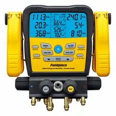 Digital wireless manifold gauge set for R-227EA refrigerant. Includes two TC24 wired Type-K pipe clamp thermocouples and a sight glass. Four-valve design with 5-inch gauge. Used for HVAC-R service, troubleshooting, and charging in commercial and industrial refrigeration systems.