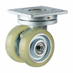 Swivel caster with dual-wheel self-compensating design for automated guided vehicles and autonomous mobile robots. Features a polyurethane wheel, 125 mm diameter, 35 mm width, and 175 mm mounting height. Suitable for material handling equipment in warehouse and factory environments.