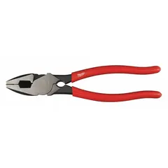 These 9 in lineman's pliers feature a 1 7/8 in jaw length, 1 3/4 in jaw width, and 5/8 in jaw thickness. They include a nail cutter for hardened fasteners and dipped handles for comfort. Suitable for cutting, gripping, and twisting wire in electrical and construction tasks.