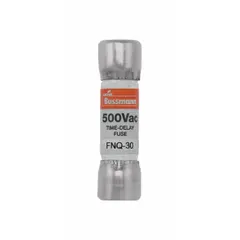 BUSSMANN FNQ-30 is a 30 A, 500 V AC time-delay midget fuse with dimensions 13/32 in x 1 1/2 in. Non-indicating type. Provides overcurrent protection for circuits with inductive loads such as motors and transformers.