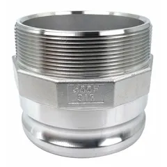 This Type F cam and groove adapter is used for quick-connect hose and pipe couplings in fluid transfer systems. It features a 316 stainless steel body with 5"-8 MNPT male threads and a maximum working pressure of 75 psi at 70°F. Does not include a locking arm.