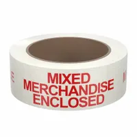 Handheld packing tape with preprinted message 'This Carton Contains Mixed Merchandise'. Tape width 2 inches, length 55 yards, thickness 1.9 mil. Used for sealing cartons and identifying contents without manual labeling