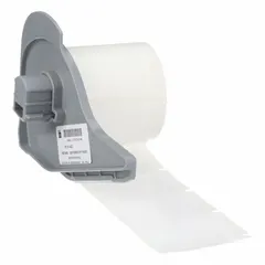 Polyester precut label roll with white gloss finish. Measures 1 1/2 in x 1 in. Rated for temperatures from -94°F to 230°F. Compatible with Brady M710 printer series. Used for industrial labeling in environments requiring durable, temperature-resistant identification.