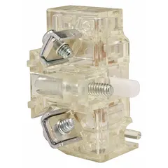 Momentary contact block with one normally closed (1NC) circuit. Features screw terminal connections and is compatible with the 9001SK series. Used in industrial control stations for machine control and automation applications.