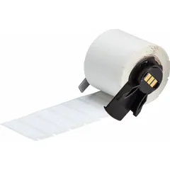 Acrylic permanent adhesive label roll with 500 precut labels, each measuring 1/2 in x 1 1/2 in. Designed for use with the BMP71 printer and Media Adapter. Suitable for industrial identification tasks such as asset tagging, cable marking, and safety labeling.