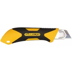 This 25mm snap-off knife features a rubberized, contoured plastic handle in black and yellow for a secure grip. It holds a blade with 7 segments and has an overall length of 7 1/2 inches. No blades are stored internally. Suitable for cutting cardboard, drywall, plastic strapping, and packaging materials.