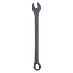 This SAE 12-point combination wrench is made from alloy steel with a black oxide finish. It has a 1-7/16 in head size and an overall length of 19-5/8 in. Suitable for tightening and loosening fasteners in industrial maintenance, automotive repair, and mechanical assembly.