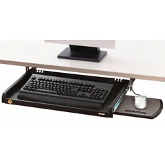 Steel keyboard drawer with glide-track arm style for mounting under a standard desk. Black finish. Overall dimensions: 25 in depth, 16 1/2 in width, 3 1/4 in height. Provides a dedicated surface for keyboard and mouse, helping to organize workspace.